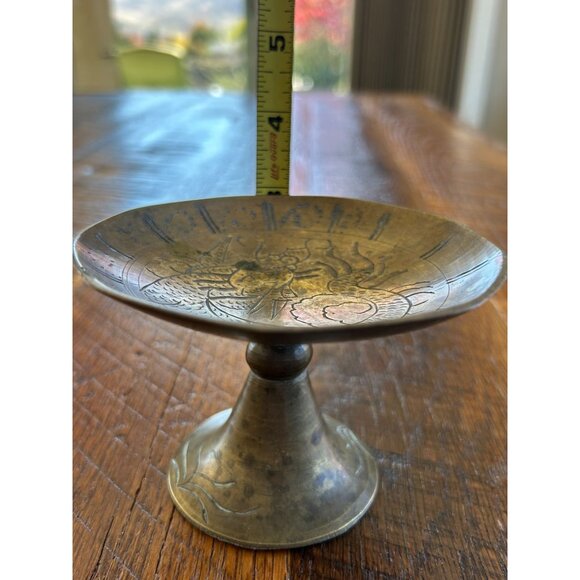 Vintage Chinese Brass Hand-Etched Pedestal Trinket Dish - Picture 9 of 10